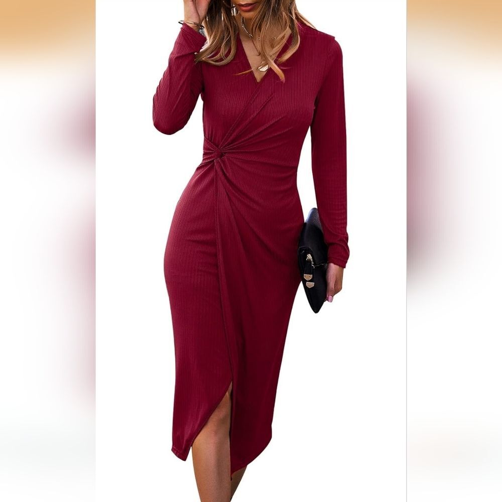 Women's Long Sleeve Dress: Midi Casual V Neck Twist Waist Ribbed Knit Size Large - Picture 5 of 5